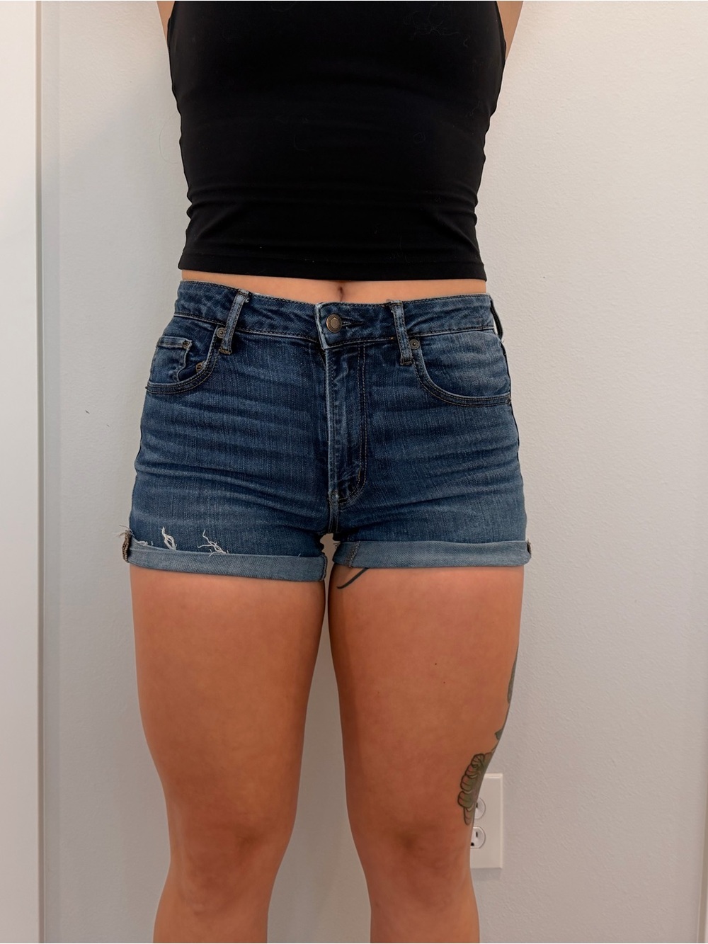 American Eagle Outfitters Dark Blue Denim Roll-Cuff Jean Shorts